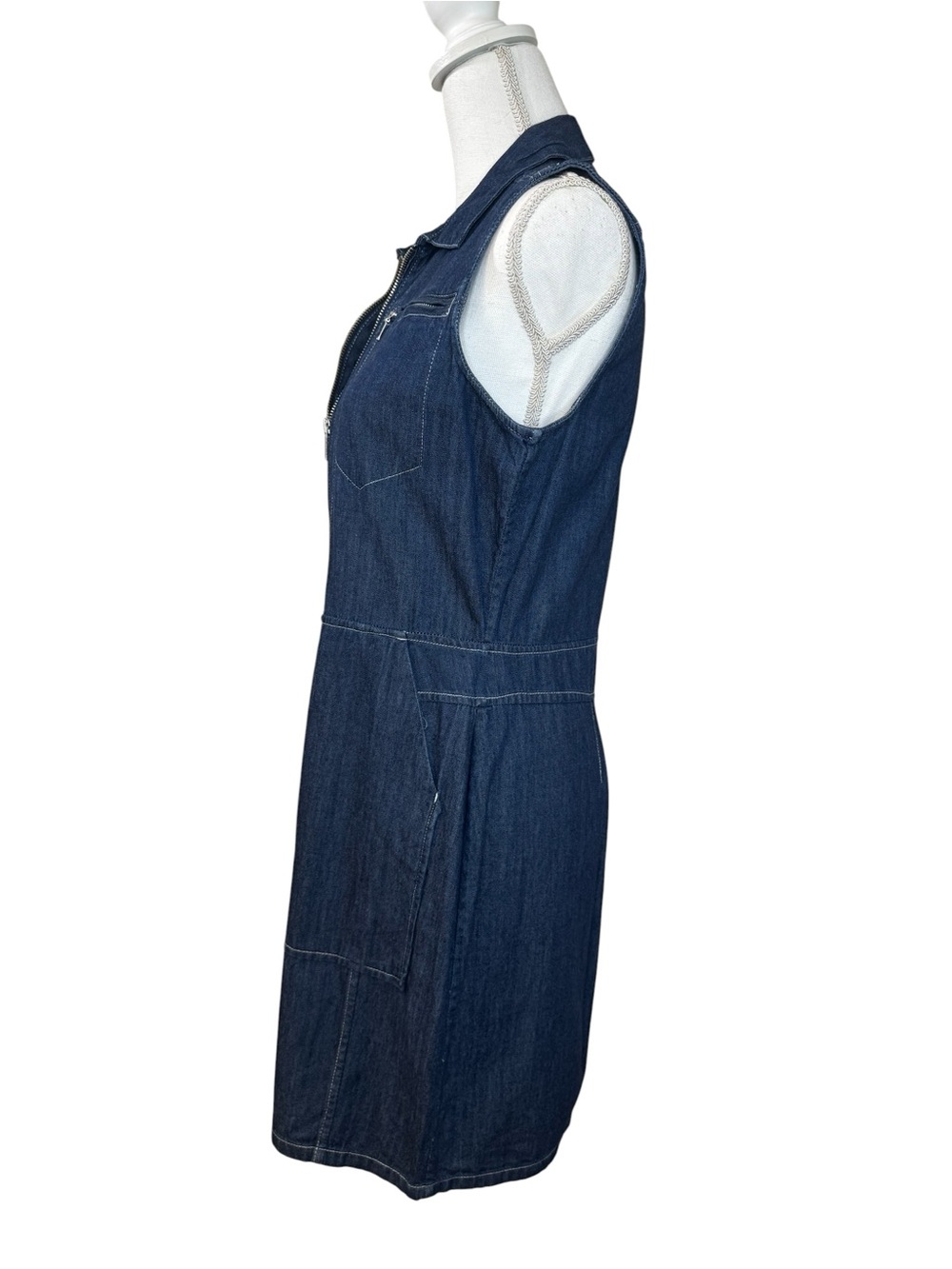 Calvin Klein Sleeveless Dark Blue Cotton Denim Zip-Front Dress. Size M - Picture 3 of 6